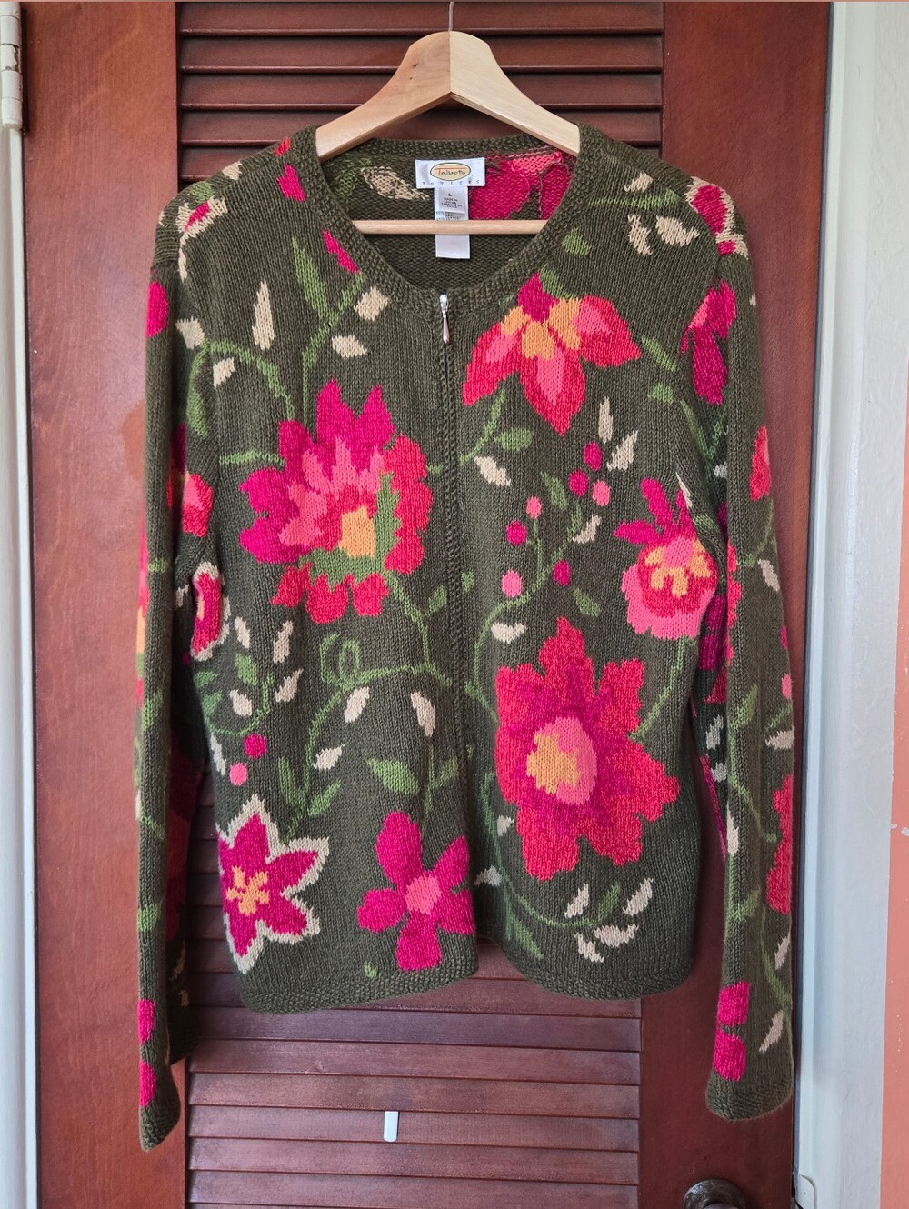 Talbots Petite Green Pink Flower Zip Cardigan L, Vintage